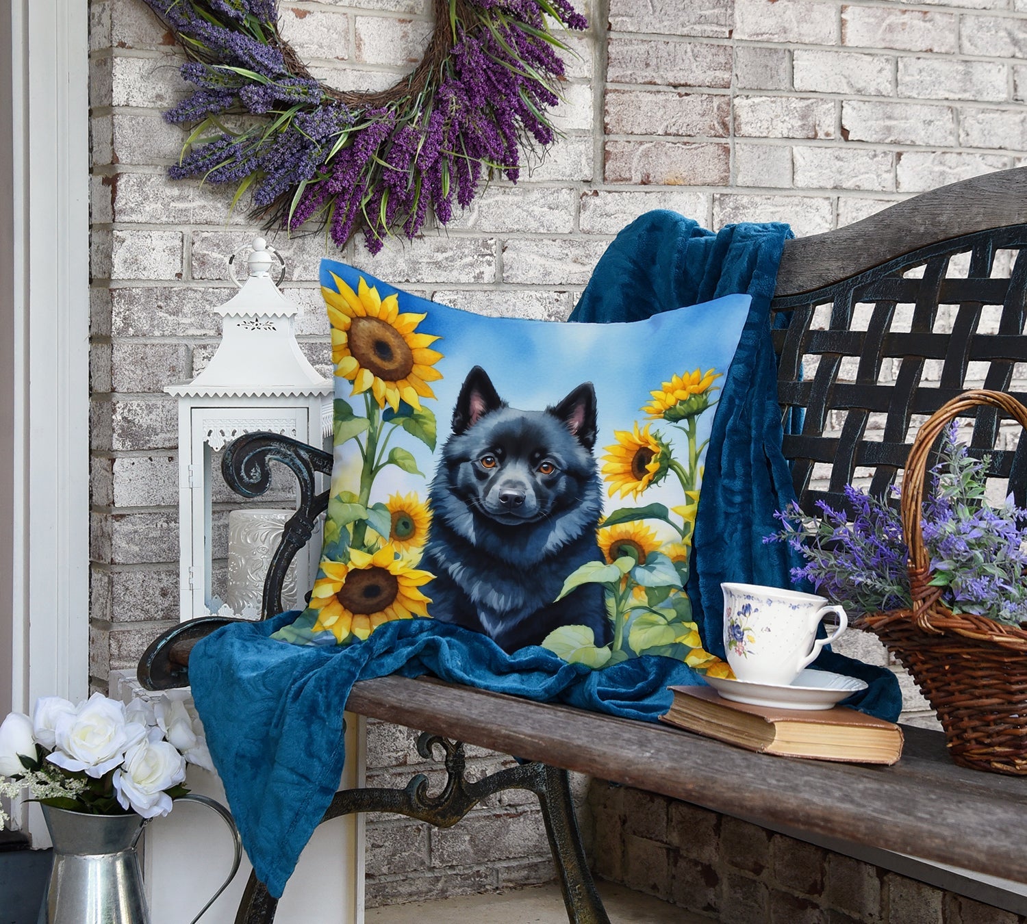 Schipperke in Sunflowers Decorative Throw Pillow 18x18 Indoor Outdoor Accent Cushion, Fabric Cover with Insert for Sofa, Bed, Porch & Living Room