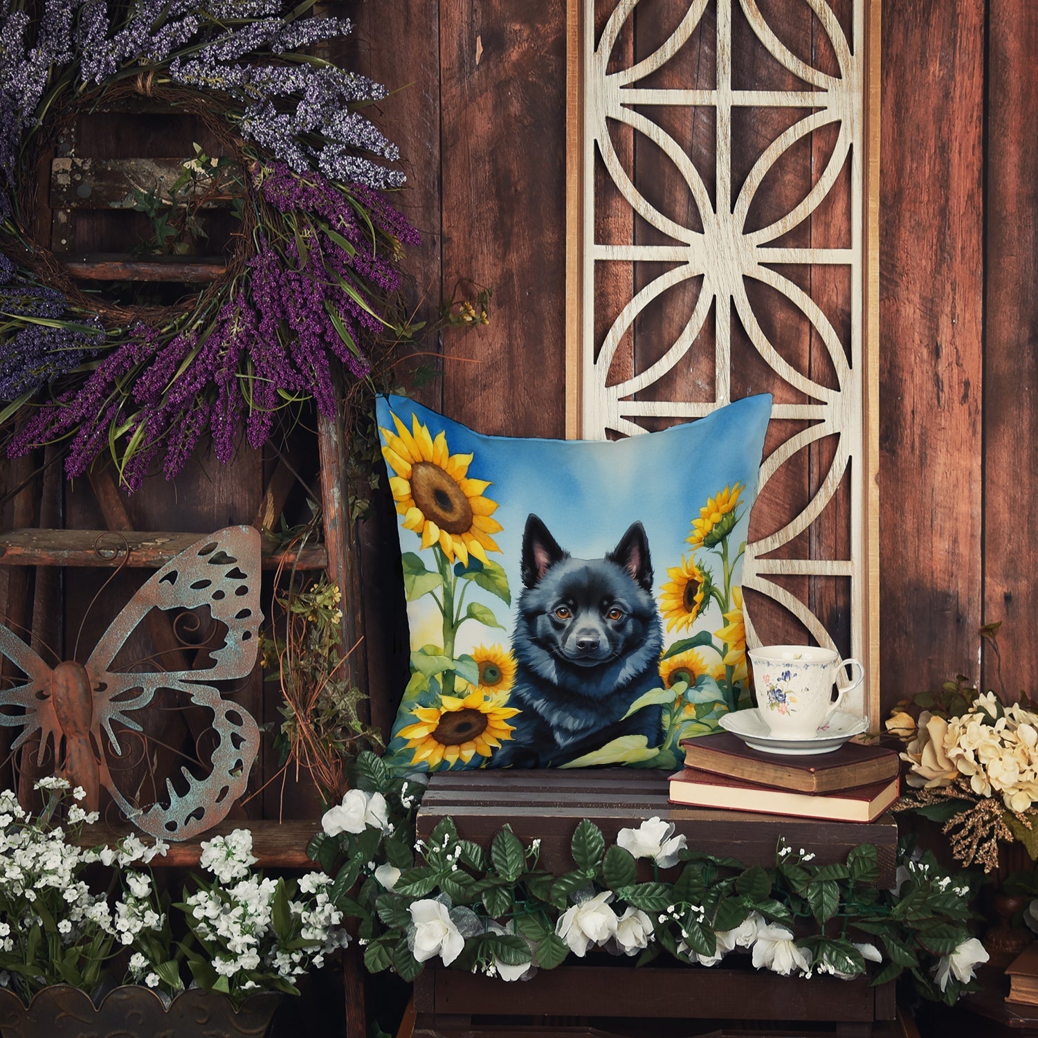 Schipperke in Sunflowers Decorative Throw Pillow 18x18 Indoor Outdoor Accent Cushion, Fabric Cover with Insert for Sofa, Bed, Porch & Living Room