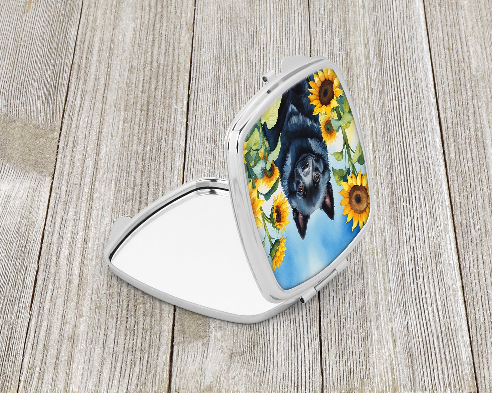 Schipperke in Sunflowers Compact Mirror Decorative Travel Makeup Mirror for Women Girls Gifts Pocket Makeup Mirror Folding Handheld