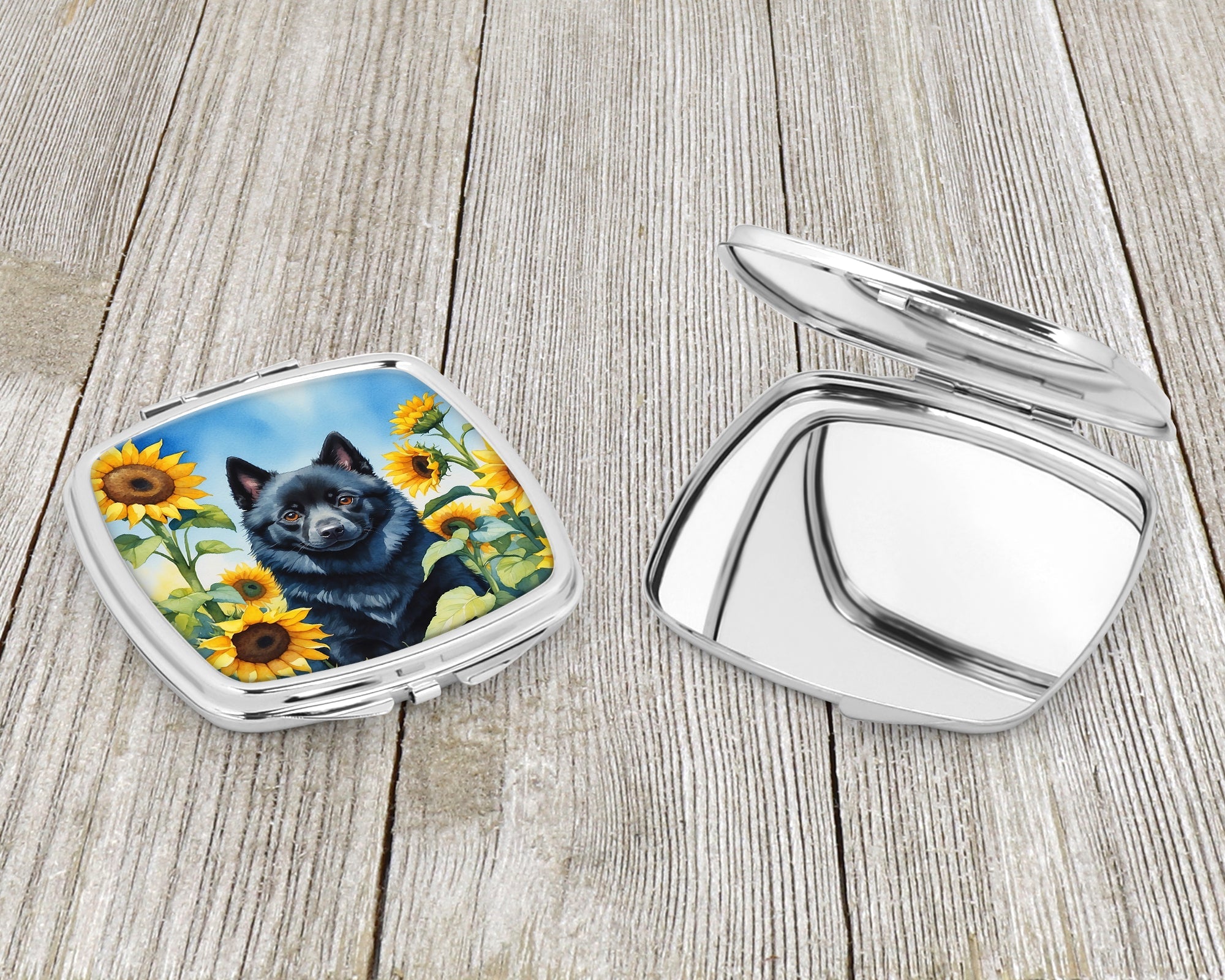 Schipperke in Sunflowers Compact Mirror Decorative Travel Makeup Mirror for Women Girls Gifts Pocket Makeup Mirror Folding Handheld