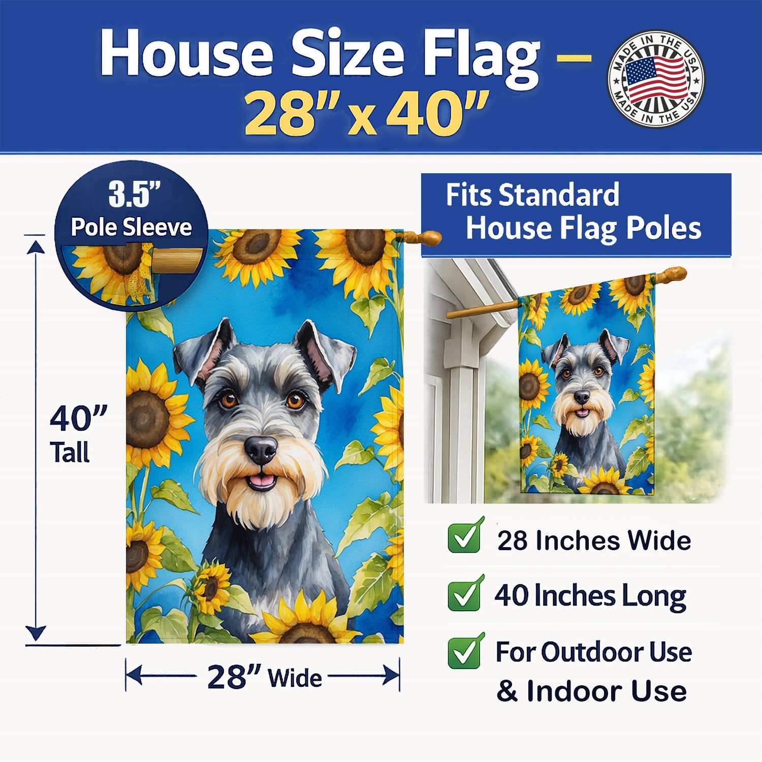 Schnauzer in Sunflowers House Flag 28x40 Porch Sleeve Pole Decorative Outside Yard Banner Artwork Wall Hanging, Polyester