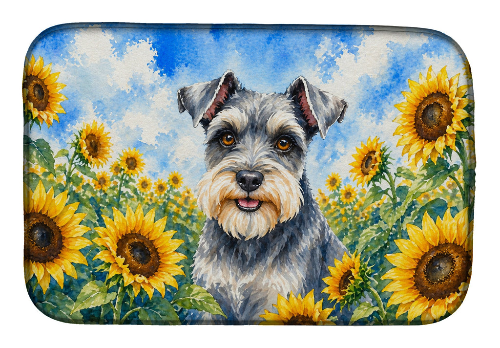 Schnauzer in Sunflowers Dish Drying Mat Absorbent Dish Drying Mat Pad for Kitchen Counter Dish Drainer Mat for Countertop, 14 x 21", Multicolor
