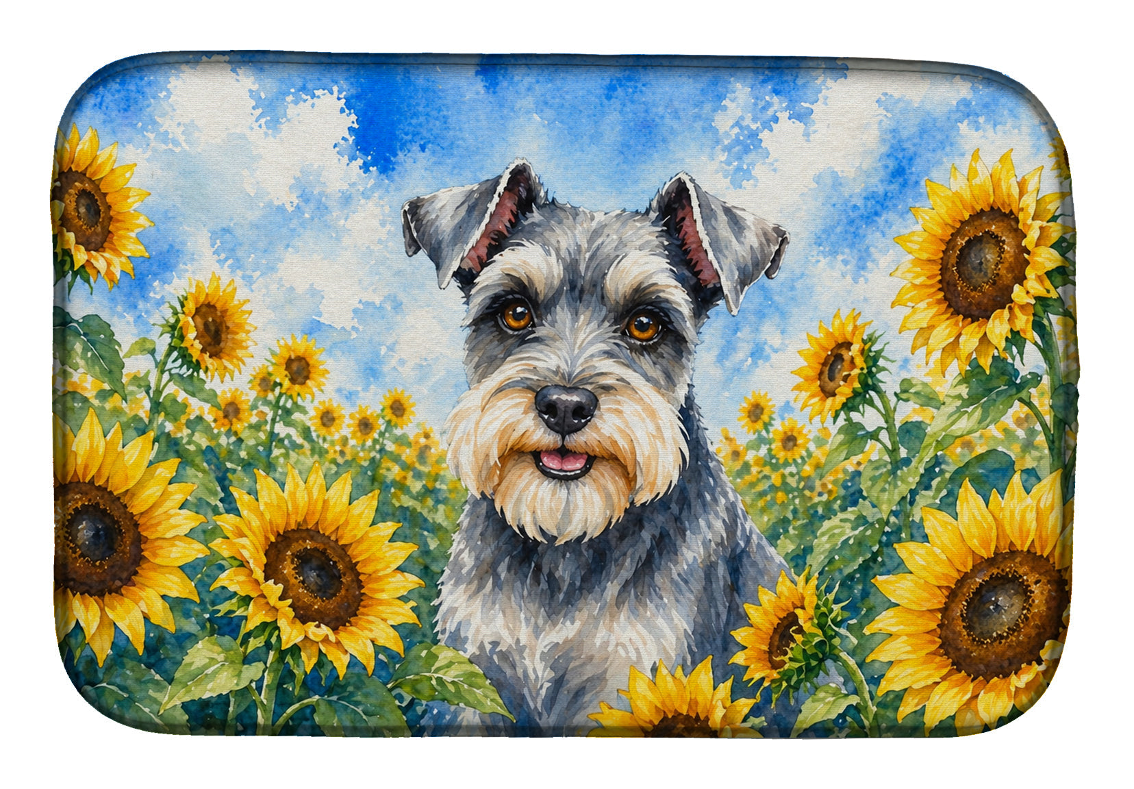 Schnauzer in Sunflowers Dish Drying Mat Absorbent Dish Drying Mat Pad for Kitchen Counter Dish Drainer Mat for Countertop, 14 x 21", Multicolor