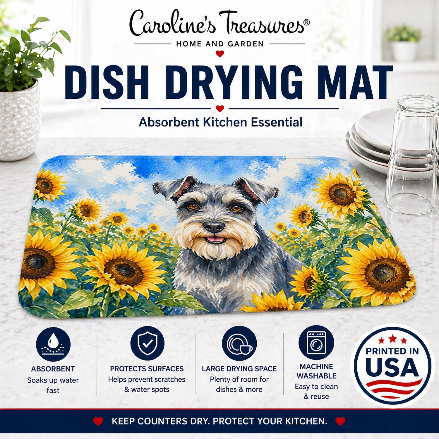 Schnauzer in Sunflowers Dish Drying Mat Absorbent Dish Drying Mat Pad for Kitchen Counter Dish Drainer Mat for Countertop, 14 x 21", Multicolor