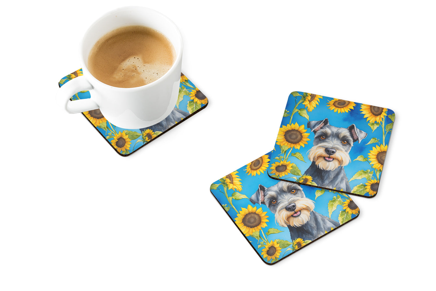 Schnauzer in Sunflowers Foam Coasters Set of 4 Cup Coasters for Indoor Outdoor, Tabletop Protection, Anti Slip, Mouse pad Material