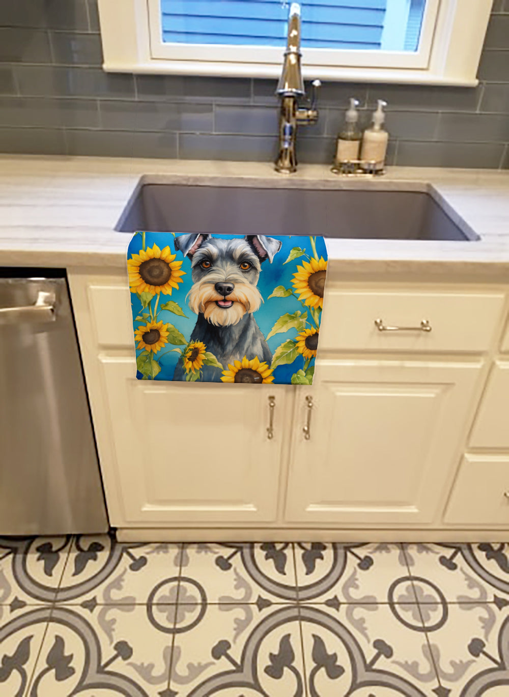 Schnauzer in Sunflowers Kitchen Towel Velour Plush Front and Cotton Loop Back Machine Washable
