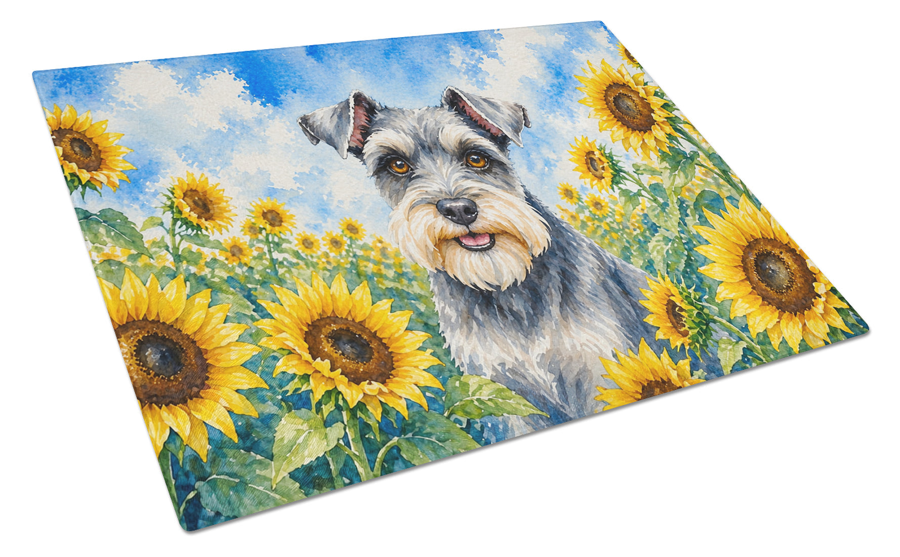 Schnauzer in Sunflowers Cutting Board Tempered Glass Kitchen Cutting Surface, Heat Resistant Chopping Board with Non-Slip Feet, Decorative Food Prep & Serving