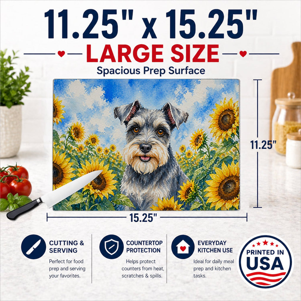 Schnauzer in Sunflowers Cutting Board Tempered Glass Kitchen Cutting Surface, Heat Resistant Chopping Board with Non-Slip Feet, Decorative Food Prep & Serving