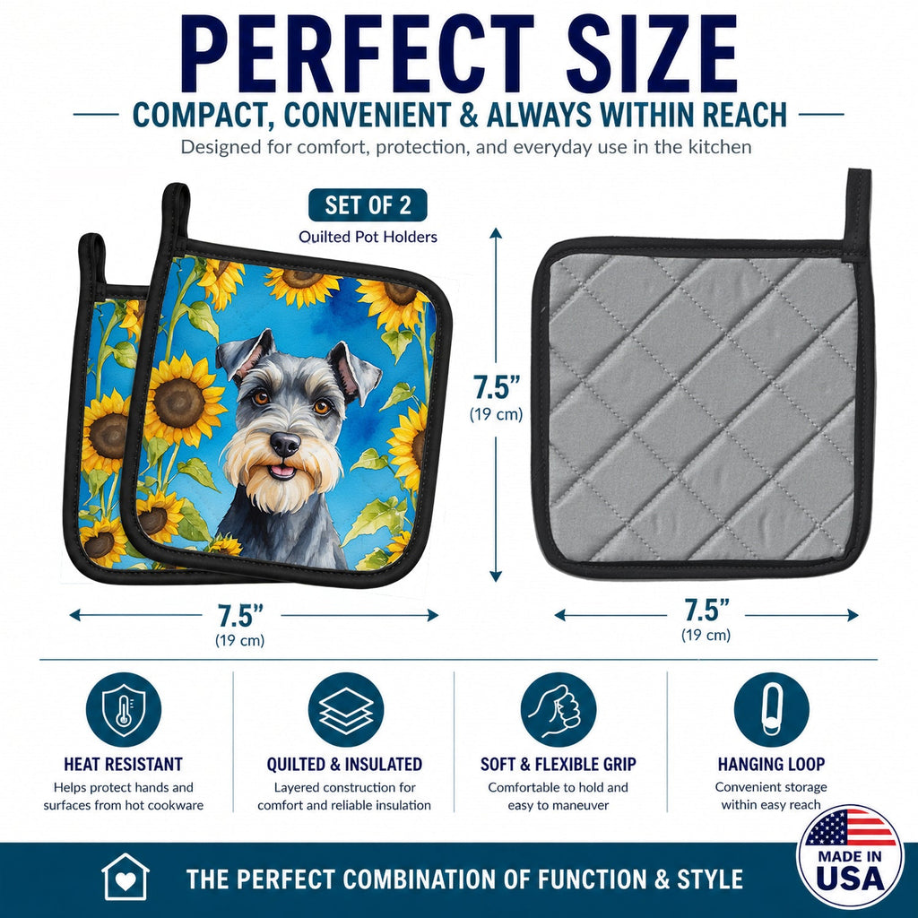 Schnauzer in Sunflowers Pot Holder Set of 2 Heat Resistant Quilted Hot Pads 7.5 x 7.5 Inch, Insulated Kitchen Trivets for Cooking & Baking
