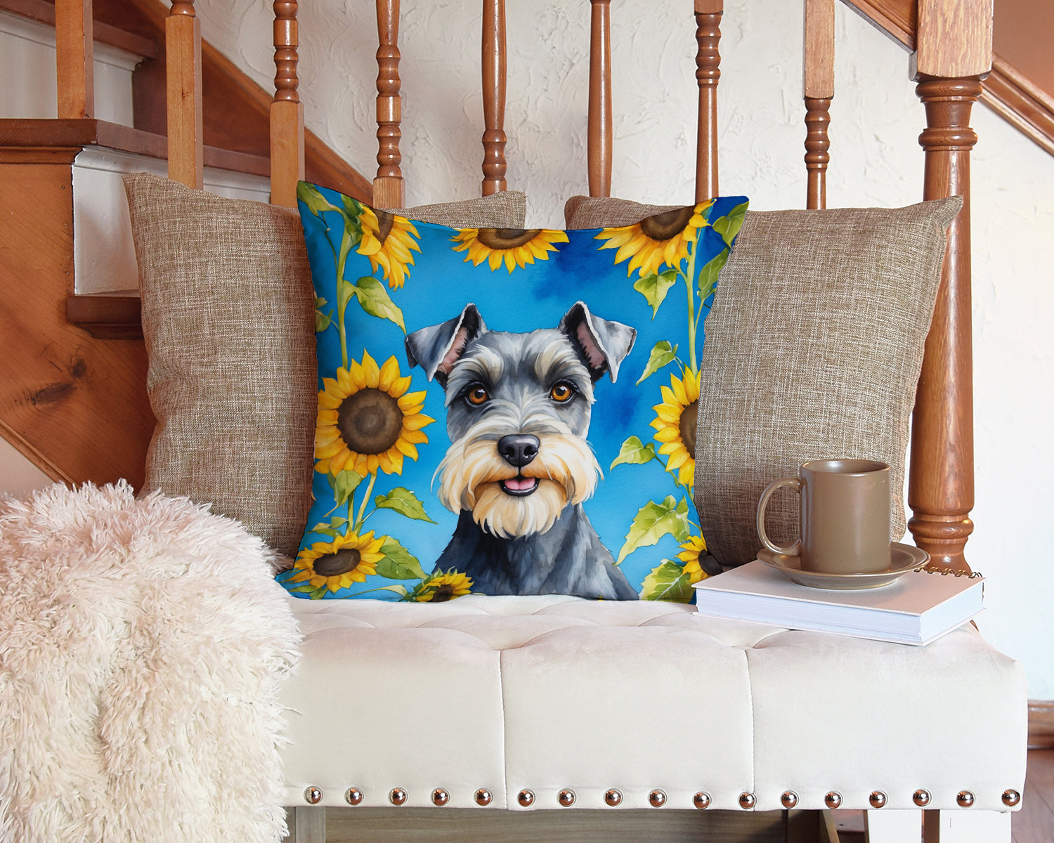 Schnauzer in Sunflowers Decorative Throw Pillow 14x14 Indoor Outdoor Accent Cushion, Fabric Cover with Insert for Sofa, Bed, Porch & Living Room