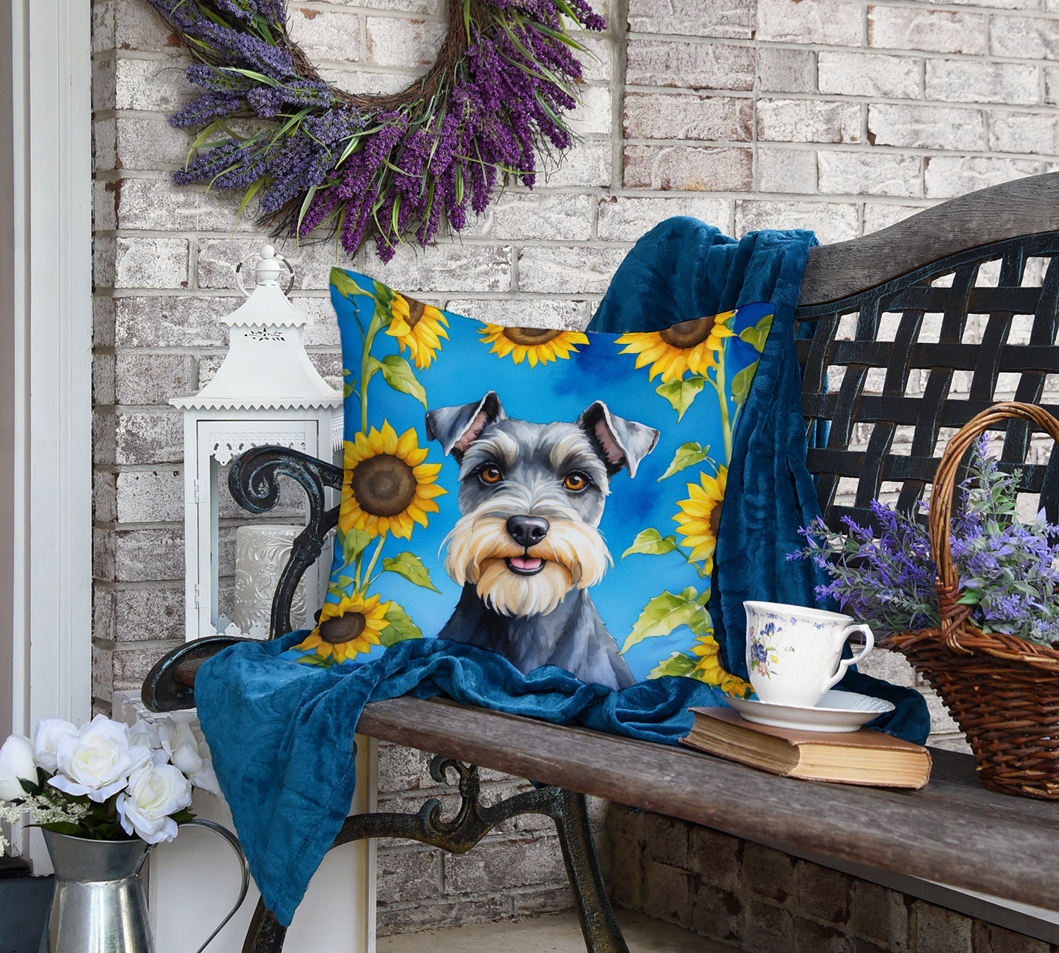 Schnauzer in Sunflowers Decorative Throw Pillow 18x18 Indoor Outdoor Accent Cushion, Fabric Cover with Insert for Sofa, Bed, Porch & Living Room