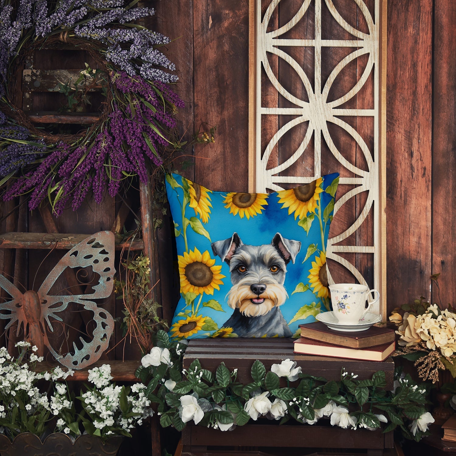 Schnauzer in Sunflowers Decorative Throw Pillow 18x18 Indoor Outdoor Accent Cushion, Fabric Cover with Insert for Sofa, Bed, Porch & Living Room