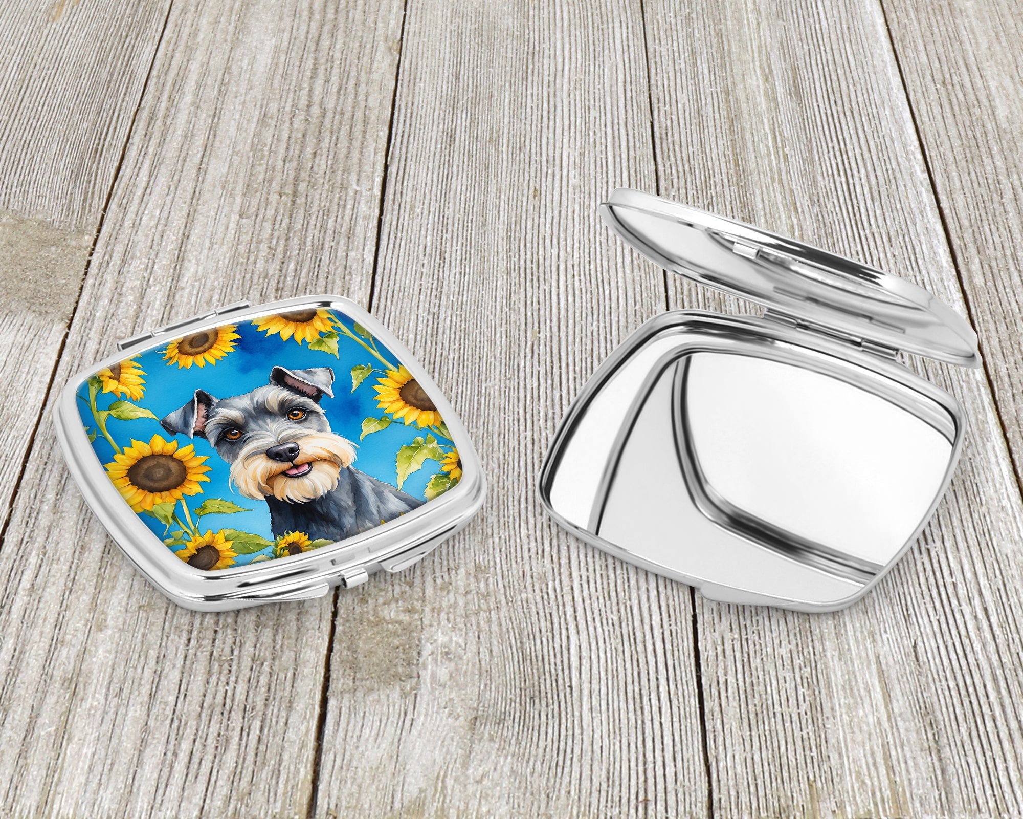 Schnauzer in Sunflowers Compact Mirror Decorative Travel Makeup Mirror for Women Girls Gifts Pocket Makeup Mirror Folding Handheld