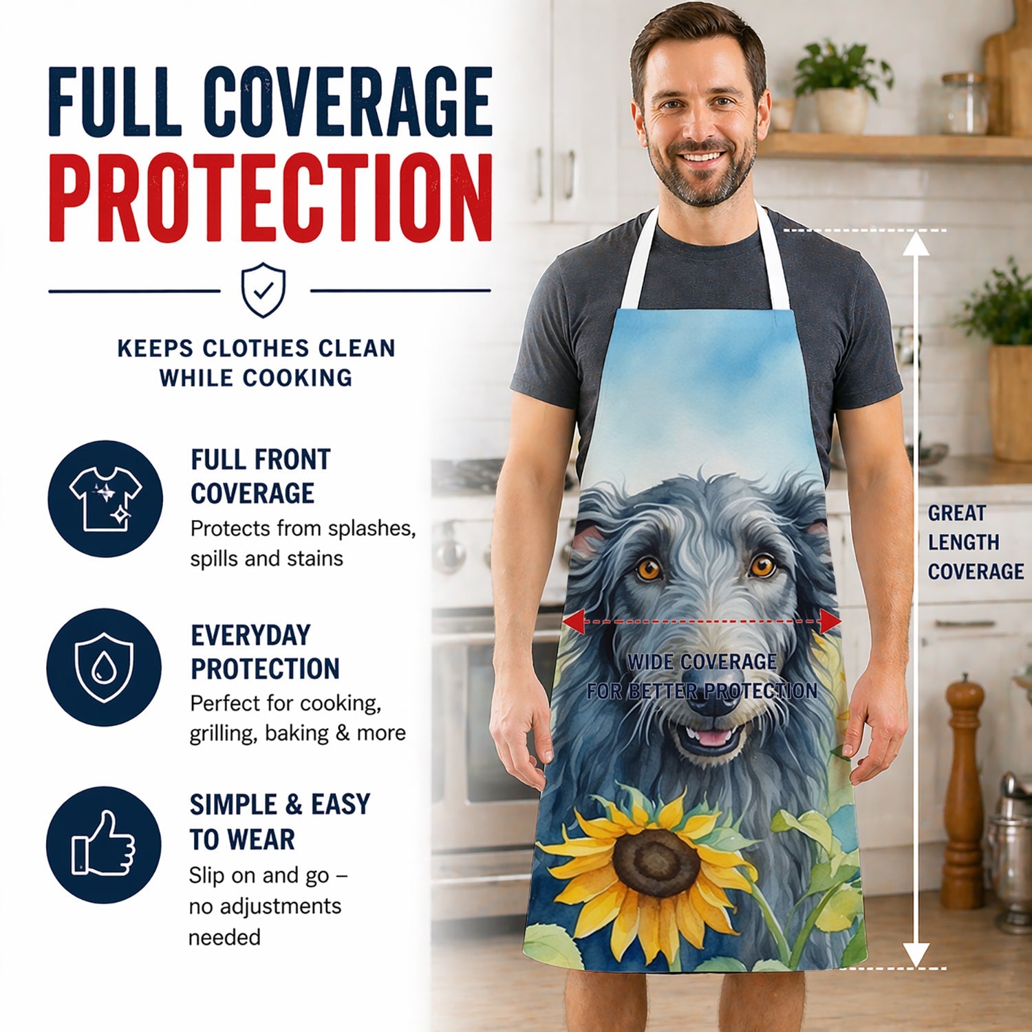 Scottish Deerhound in Sunflowers Apron Cooking Kitchen Server Baking Crafts Gardening for Adult Women Men, Unisex, Large, Multicolor