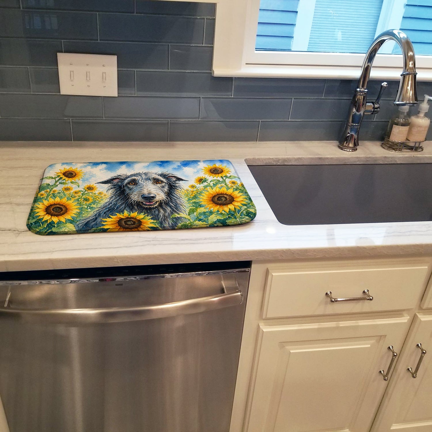 Scottish Deerhound in Sunflowers Dish Drying Mat Absorbent Dish Drying Mat Pad for Kitchen Counter Dish Drainer Mat for Countertop, 14 x 21", Multicolor