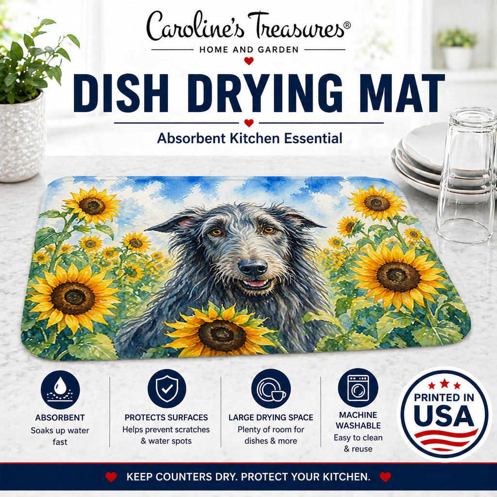 Scottish Deerhound in Sunflowers Dish Drying Mat Absorbent Dish Drying Mat Pad for Kitchen Counter Dish Drainer Mat for Countertop, 14 x 21", Multicolor