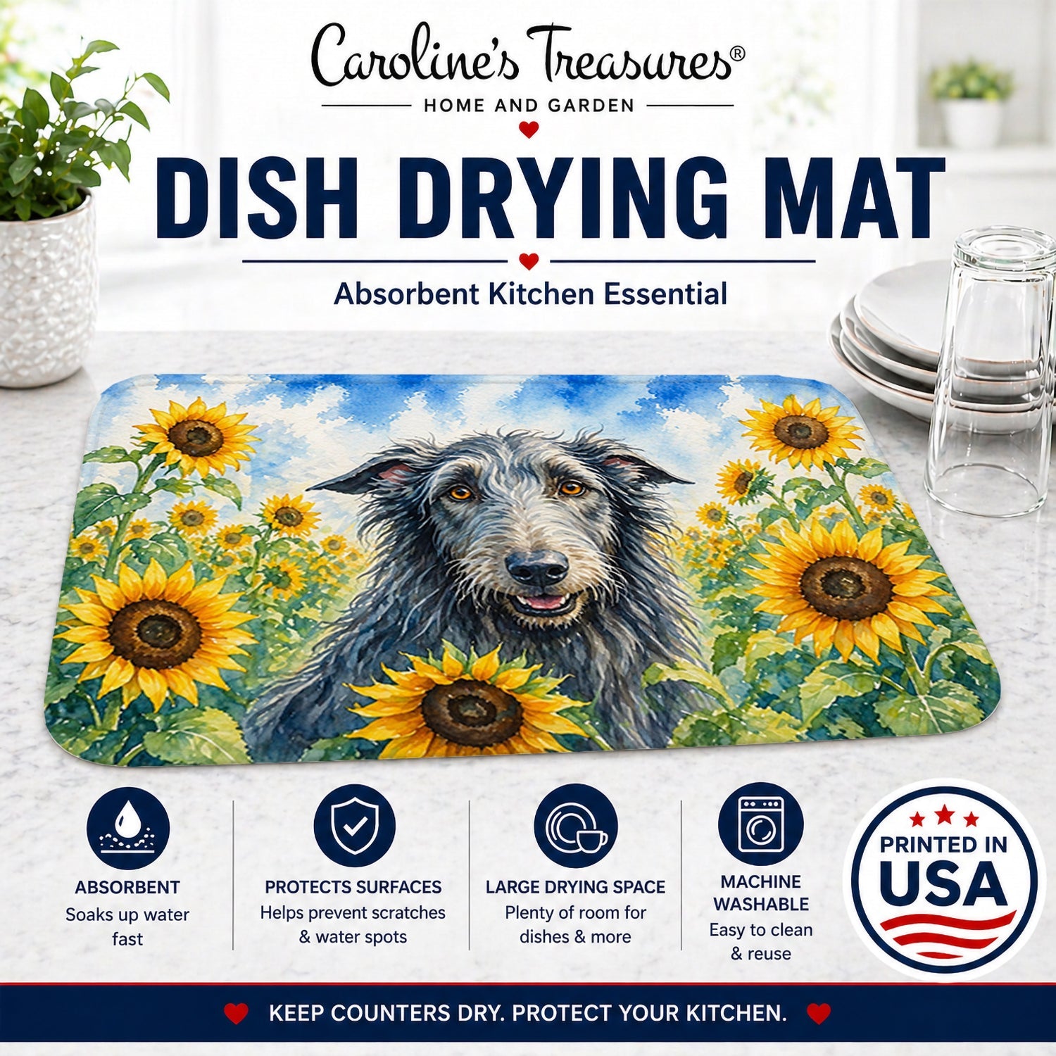 Scottish Deerhound in Sunflowers Dish Drying Mat Absorbent Dish Drying Mat Pad for Kitchen Counter Dish Drainer Mat for Countertop, 14 x 21", Multicolor