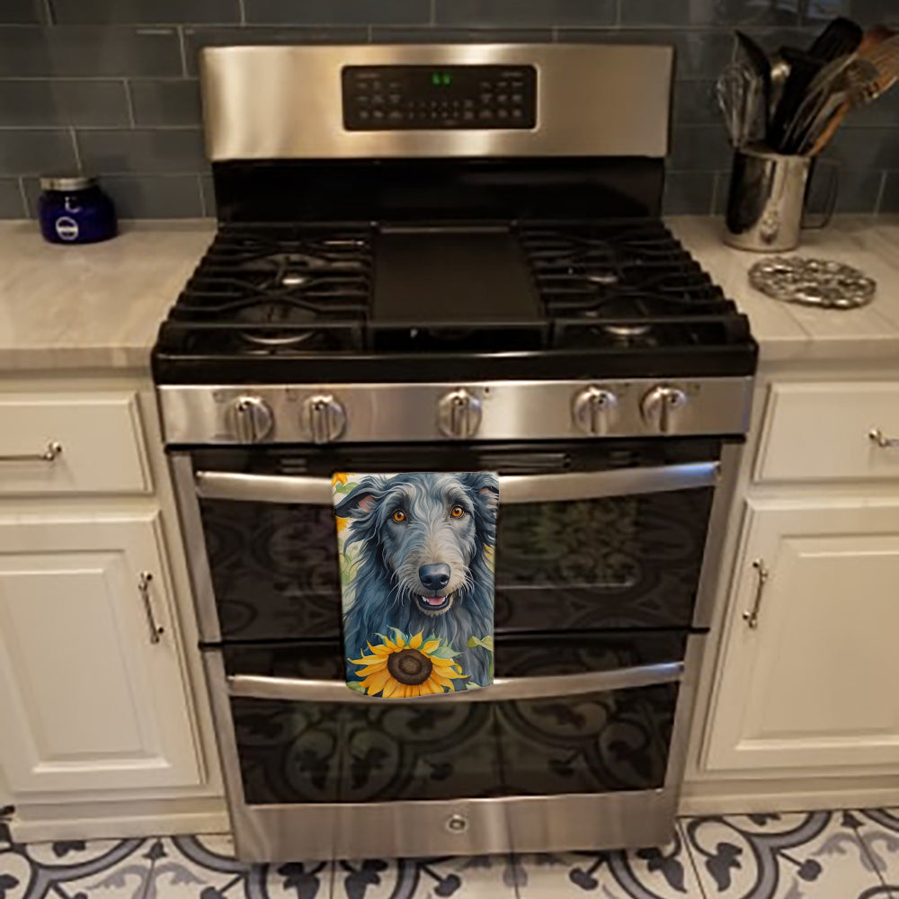 Scottish Deerhound in Sunflowers Kitchen Towel Velour Plush Front and Cotton Loop Back Machine Washable