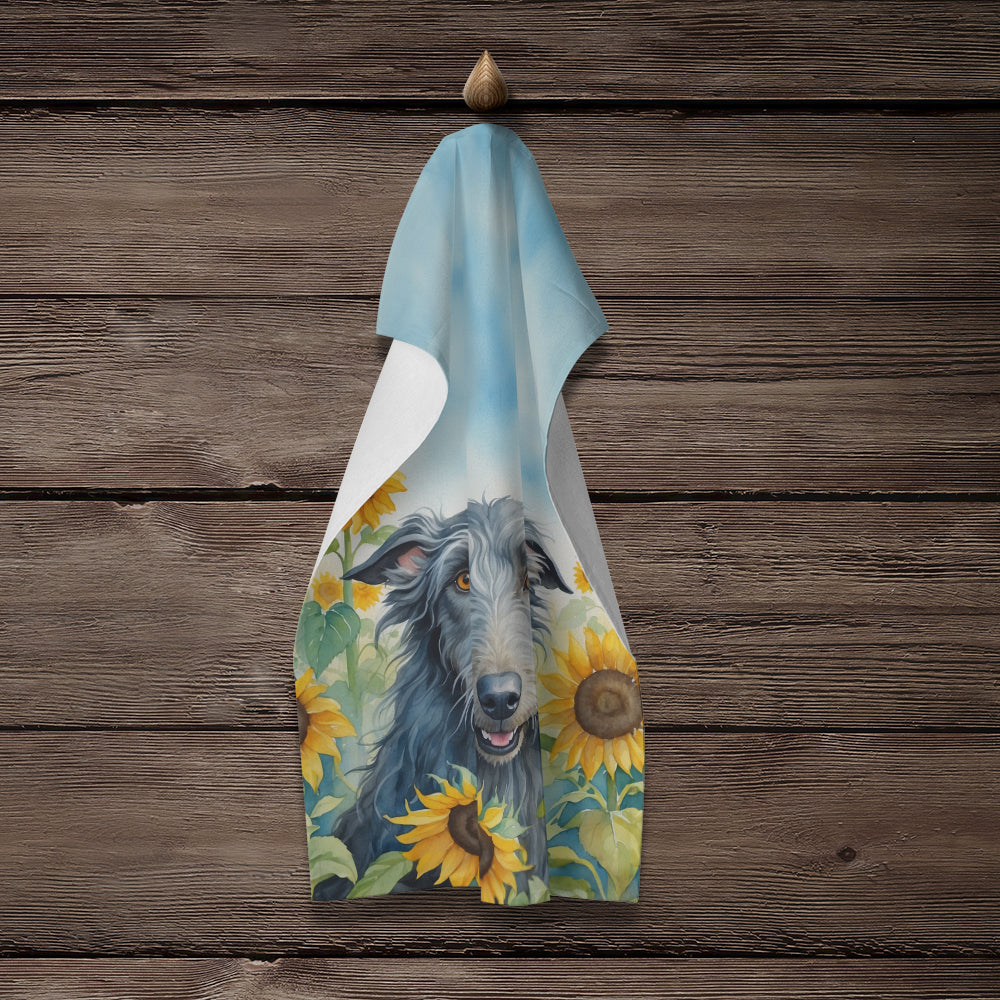 Scottish Deerhound in Sunflowers Kitchen Towel Velour Plush Front and Cotton Loop Back Machine Washable