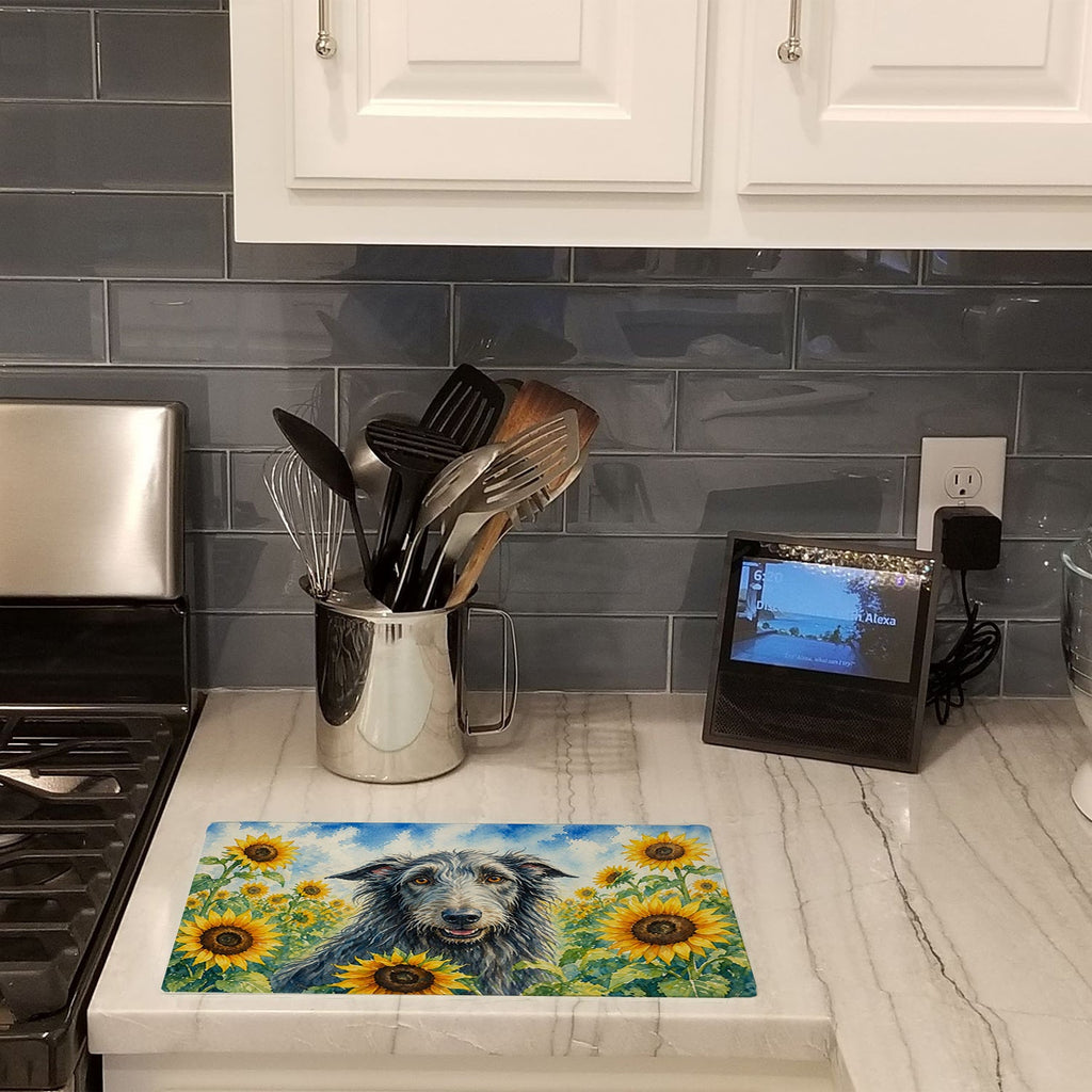 Scottish Deerhound in Sunflowers Cutting Board Tempered Glass Kitchen Cutting Surface, Heat Resistant Chopping Board with Non-Slip Feet, Decorative Food Prep & Serving