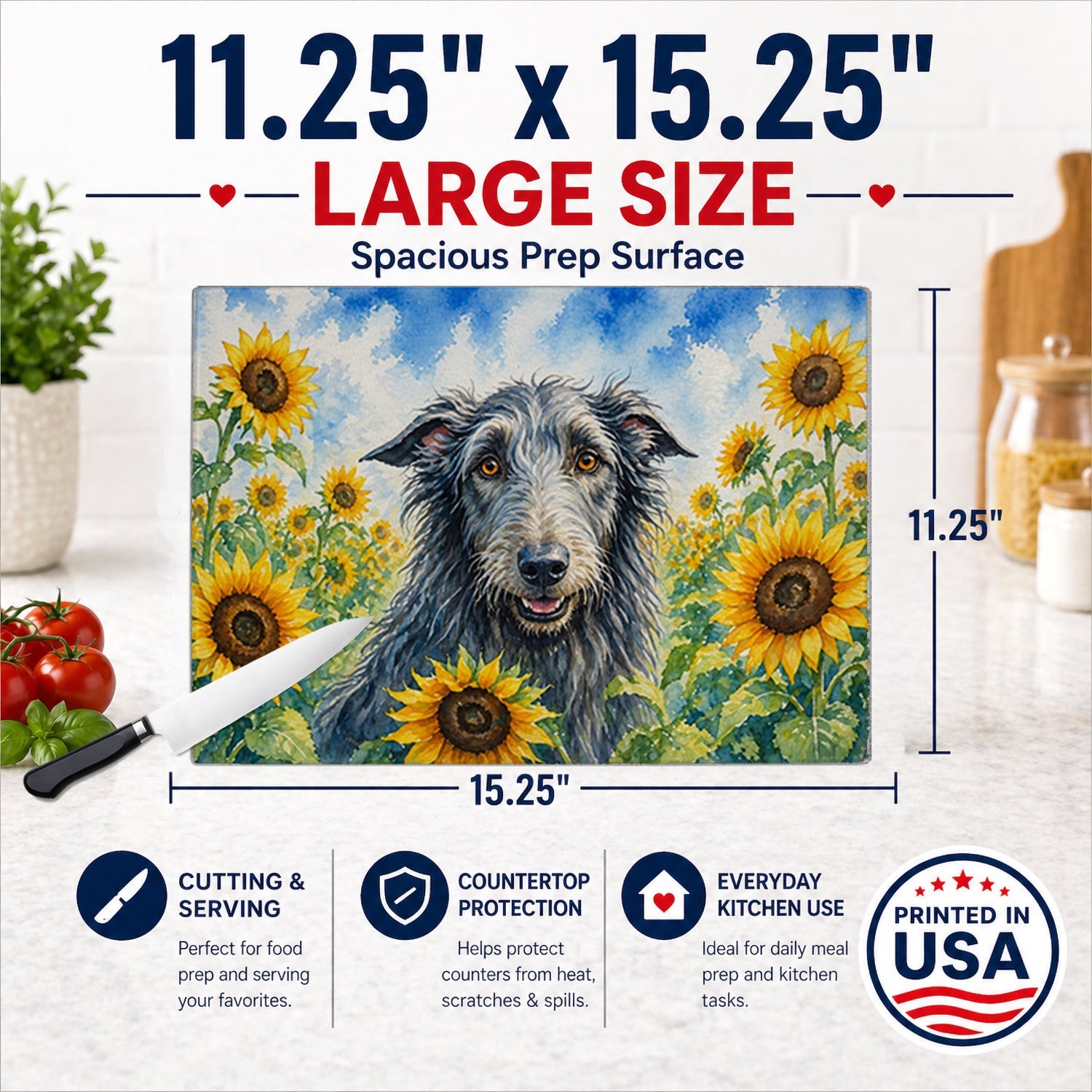 Scottish Deerhound in Sunflowers Cutting Board Tempered Glass Kitchen Cutting Surface, Heat Resistant Chopping Board with Non-Slip Feet, Decorative Food Prep & Serving