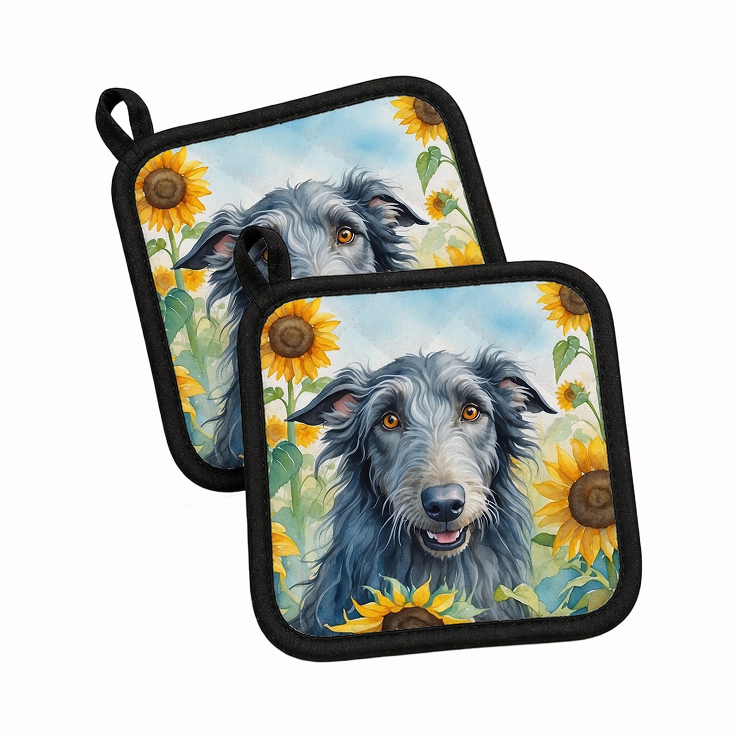 Scottish Deerhound in Sunflowers Pot Holder Set of 2 Heat Resistant Quilted Hot Pads 7.5 x 7.5 Inch, Insulated Kitchen Trivets for Cooking & Baking