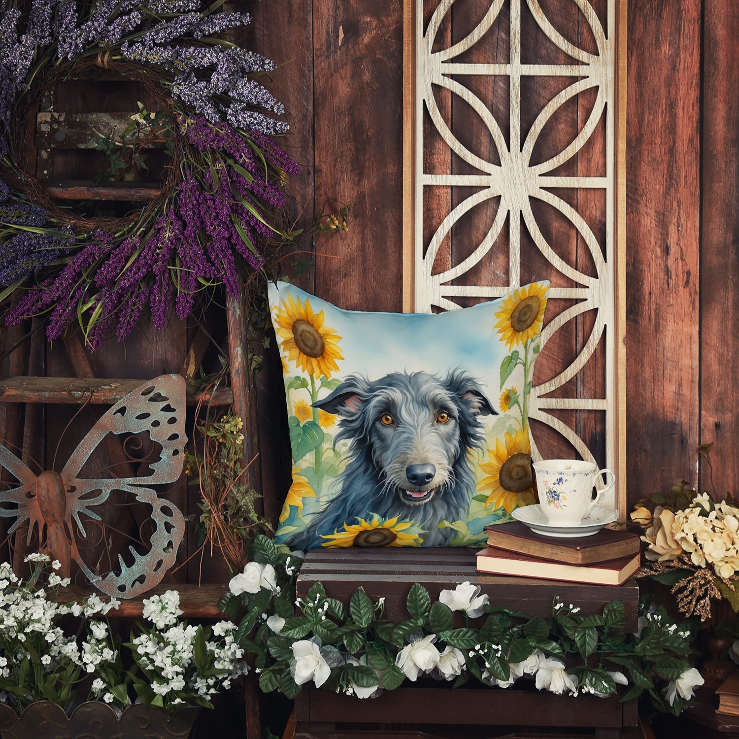 Scottish Deerhound in Sunflowers Decorative Throw Pillow 14x14 Indoor Outdoor Accent Cushion, Fabric Cover with Insert for Sofa, Bed, Porch & Living Room