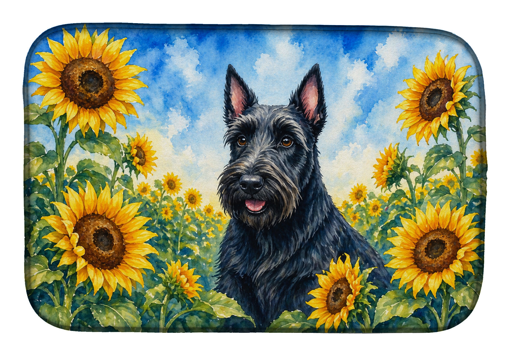 Scottish Terrier in Sunflowers Dish Drying Mat Absorbent Dish Drying Mat Pad for Kitchen Counter Dish Drainer Mat for Countertop, 14 x 21", Multicolor