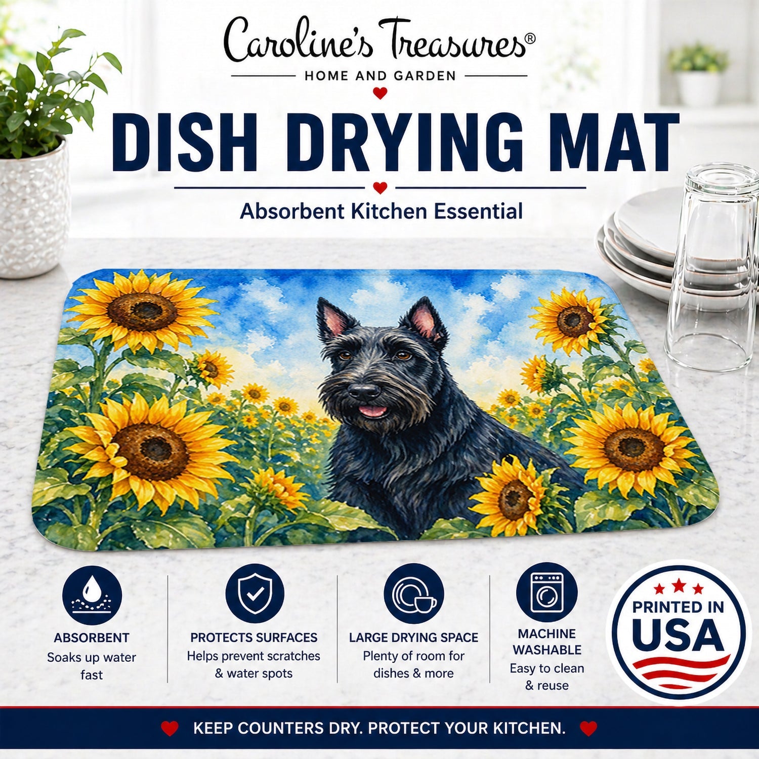 Scottish Terrier in Sunflowers Dish Drying Mat Absorbent Dish Drying Mat Pad for Kitchen Counter Dish Drainer Mat for Countertop, 14 x 21", Multicolor