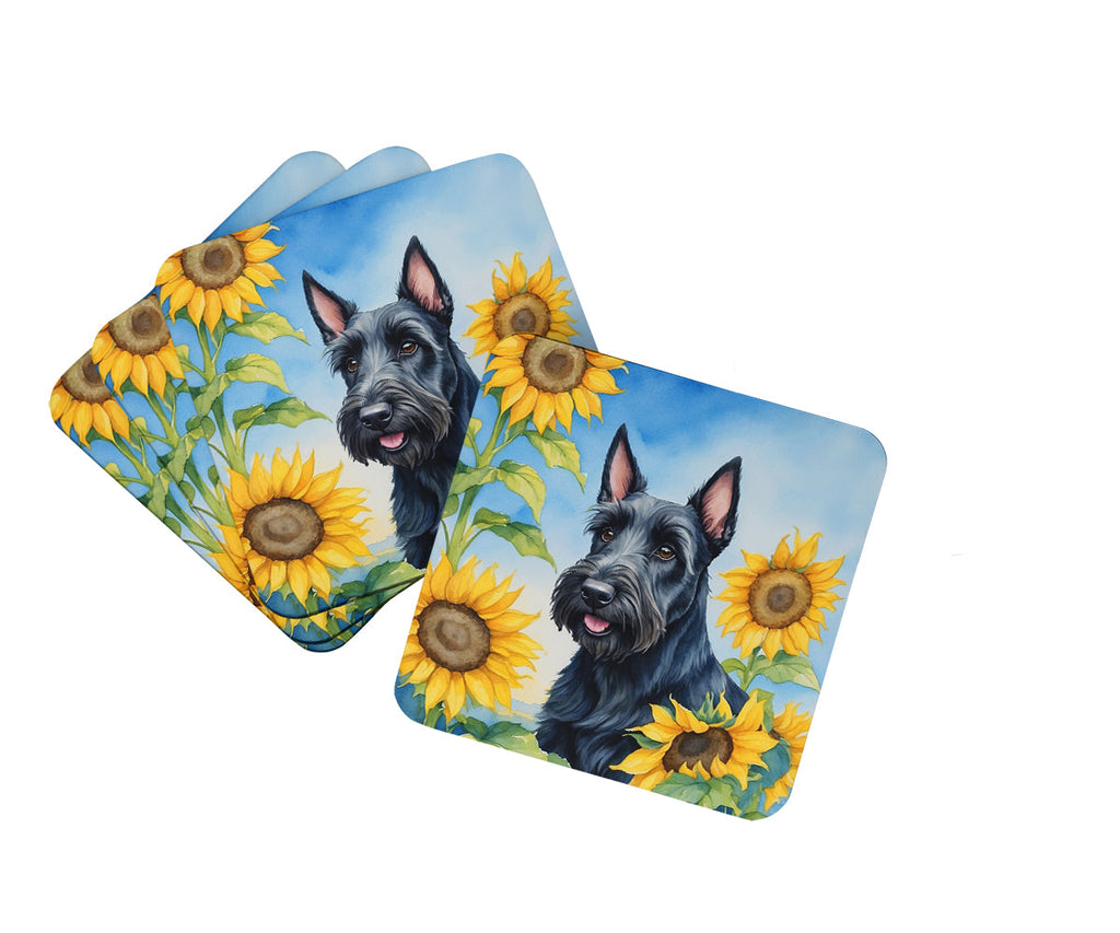 Scottish Terrier in Sunflowers Foam Coasters Set of 4 Cup Coasters for Indoor Outdoor, Tabletop Protection, Anti Slip, Mouse pad Material