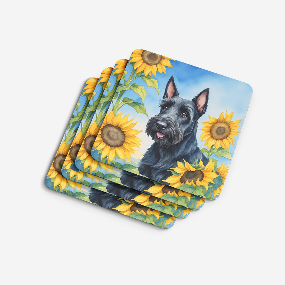 Scottish Terrier in Sunflowers Foam Coasters Set of 4 Cup Coasters for Indoor Outdoor, Tabletop Protection, Anti Slip, Mouse pad Material