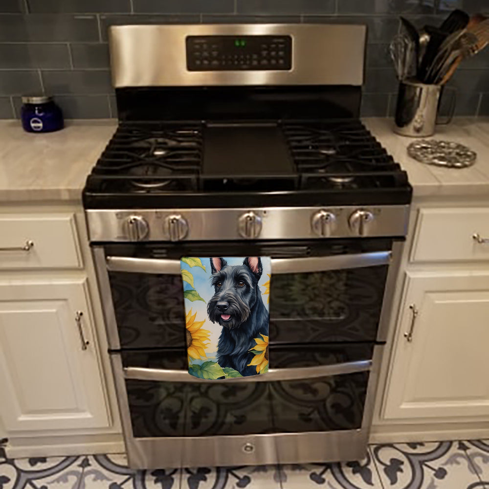 Scottish Terrier in Sunflowers Kitchen Towel Velour Plush Front and Cotton Loop Back Machine Washable