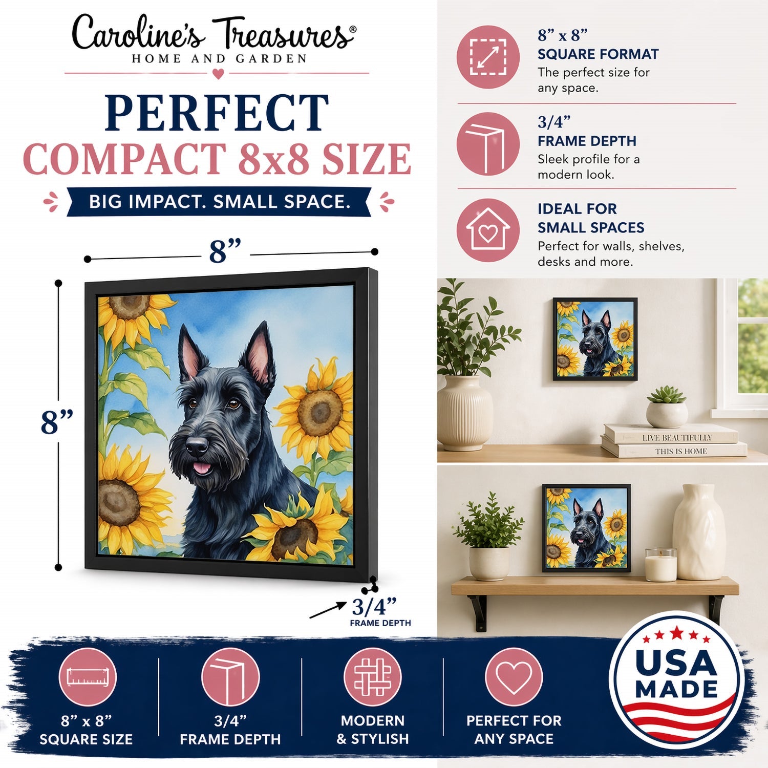 Scottish Terrier in Sunflowers Framed Metal Print Bathroom, Kitchen, Office, Home Decor Wall Art Ready to Hang, Square, 8X8