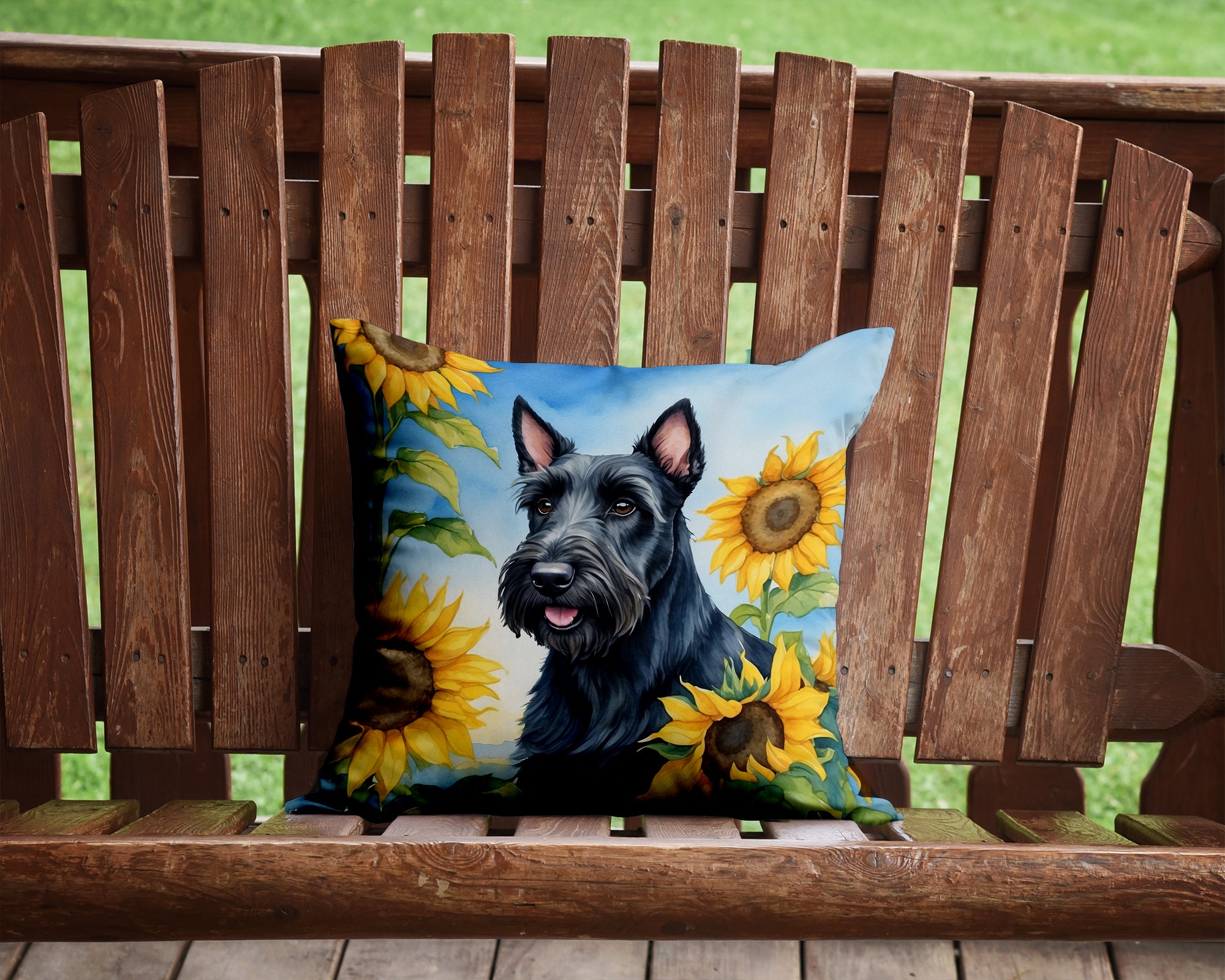 Scottish Terrier in Sunflowers Decorative Throw Pillow 14x14 Indoor Outdoor Accent Cushion, Fabric Cover with Insert for Sofa, Bed, Porch & Living Room