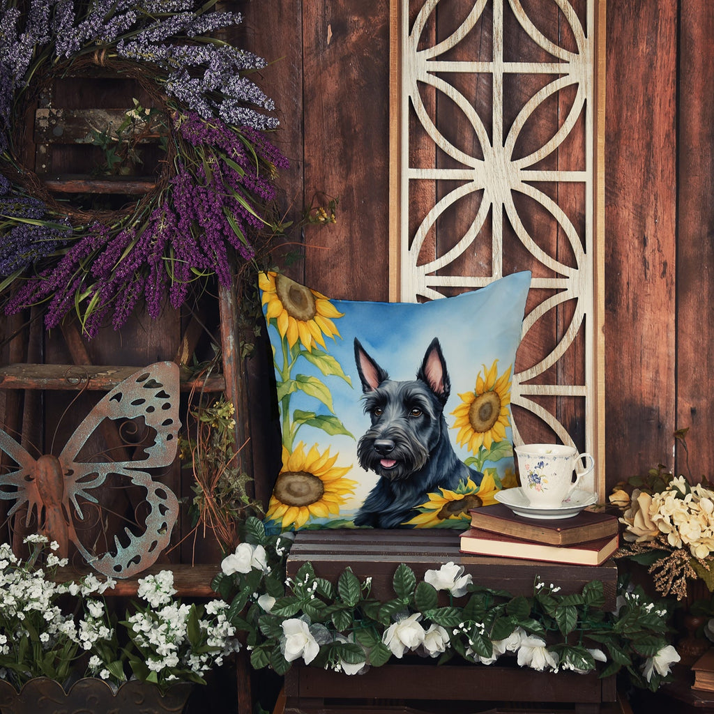 Scottish Terrier in Sunflowers Decorative Throw Pillow 14x14 Indoor Outdoor Accent Cushion, Fabric Cover with Insert for Sofa, Bed, Porch & Living Room