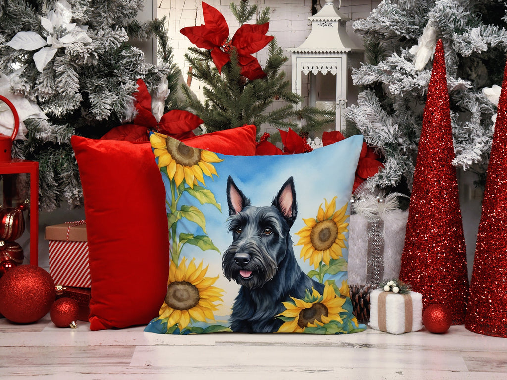 Scottish Terrier in Sunflowers Decorative Throw Pillow 14x14 Indoor Outdoor Accent Cushion, Fabric Cover with Insert for Sofa, Bed, Porch & Living Room