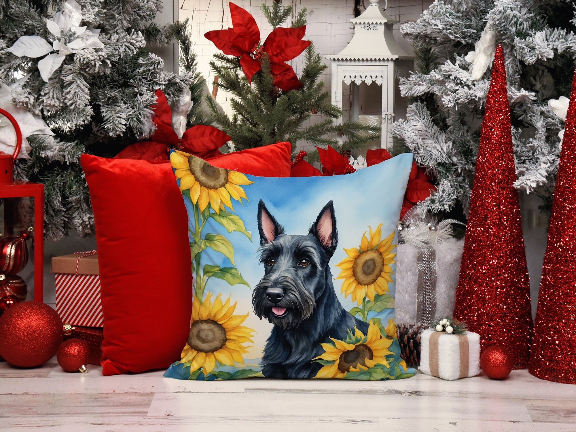 Scottish Terrier in Sunflowers Decorative Throw Pillow 14x14 Indoor Outdoor Accent Cushion, Fabric Cover with Insert for Sofa, Bed, Porch & Living Room