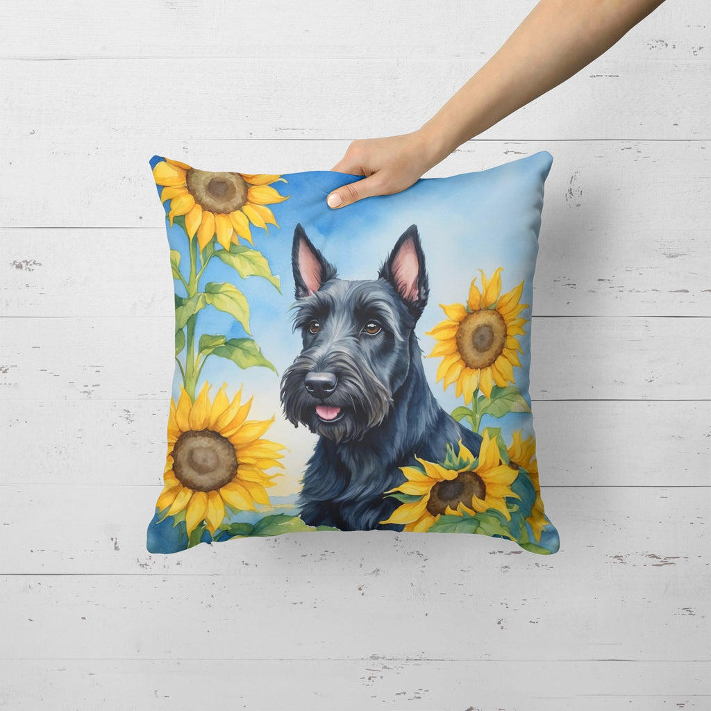 Scottish Terrier in Sunflowers Decorative Throw Pillow 18x18 Indoor Outdoor Accent Cushion, Fabric Cover with Insert for Sofa, Bed, Porch & Living Room
