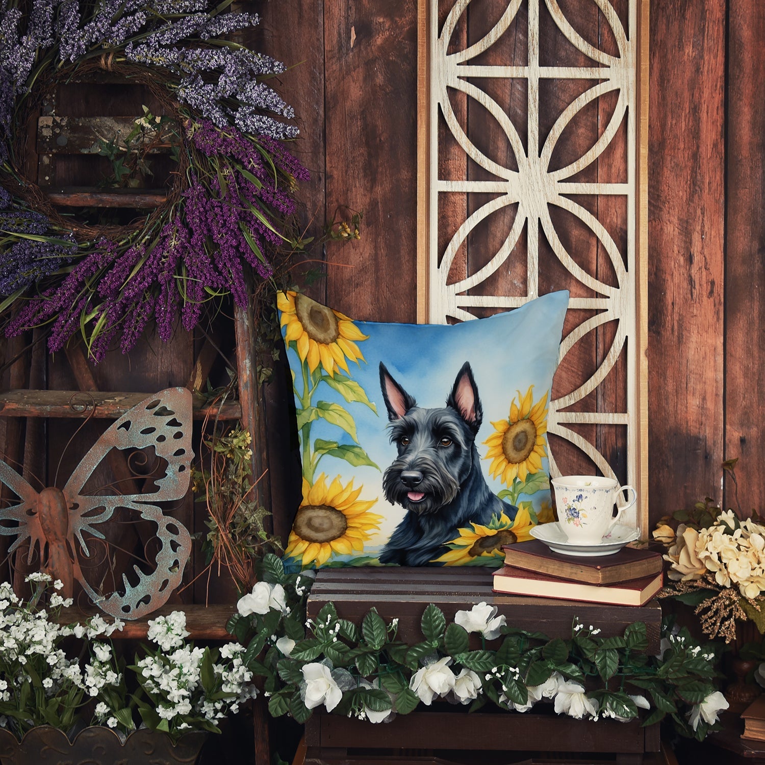 Scottish Terrier in Sunflowers Decorative Throw Pillow 18x18 Indoor Outdoor Accent Cushion, Fabric Cover with Insert for Sofa, Bed, Porch & Living Room