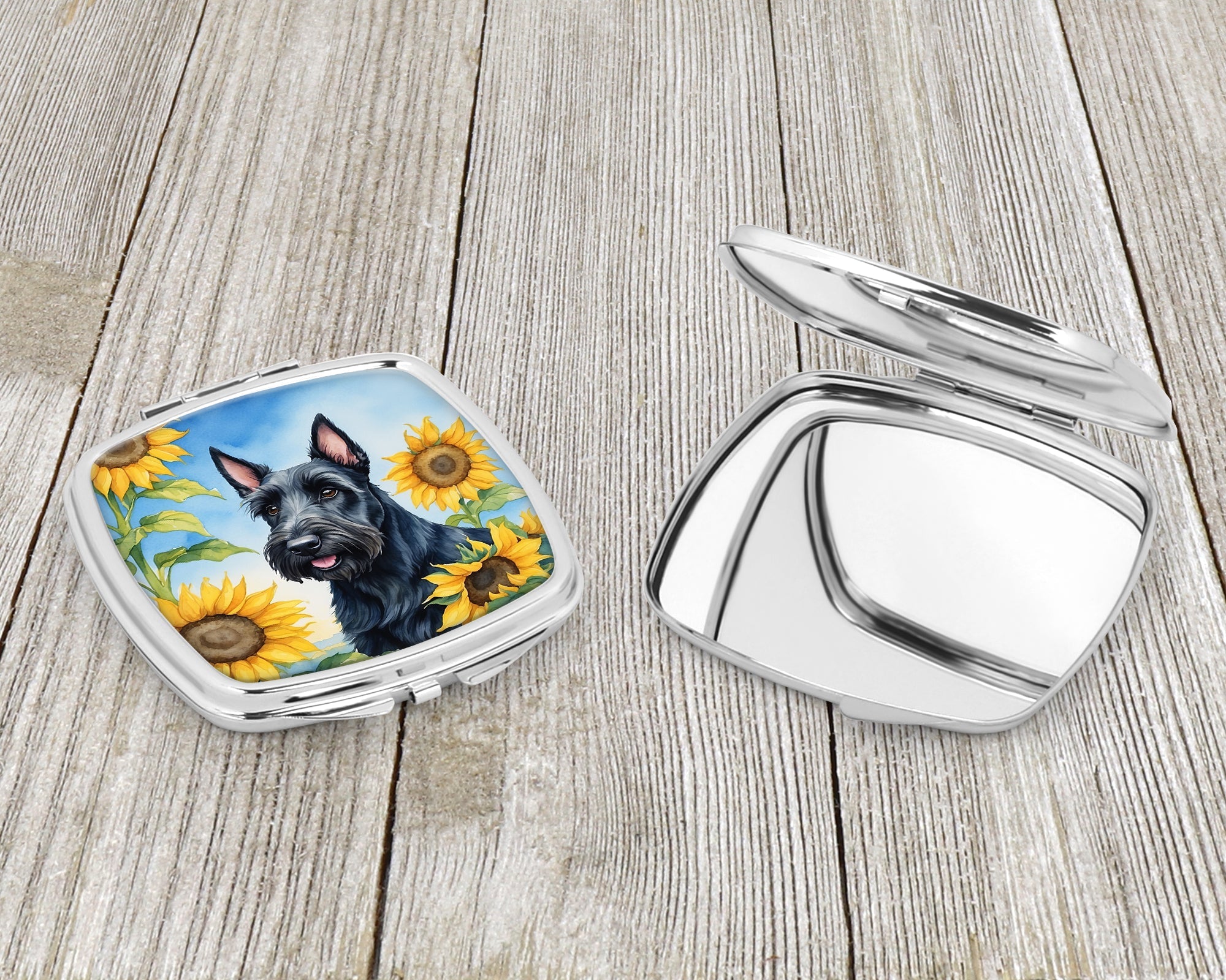 Scottish Terrier in Sunflowers Compact Mirror Decorative Travel Makeup Mirror for Women Girls Gifts Pocket Makeup Mirror Folding Handheld