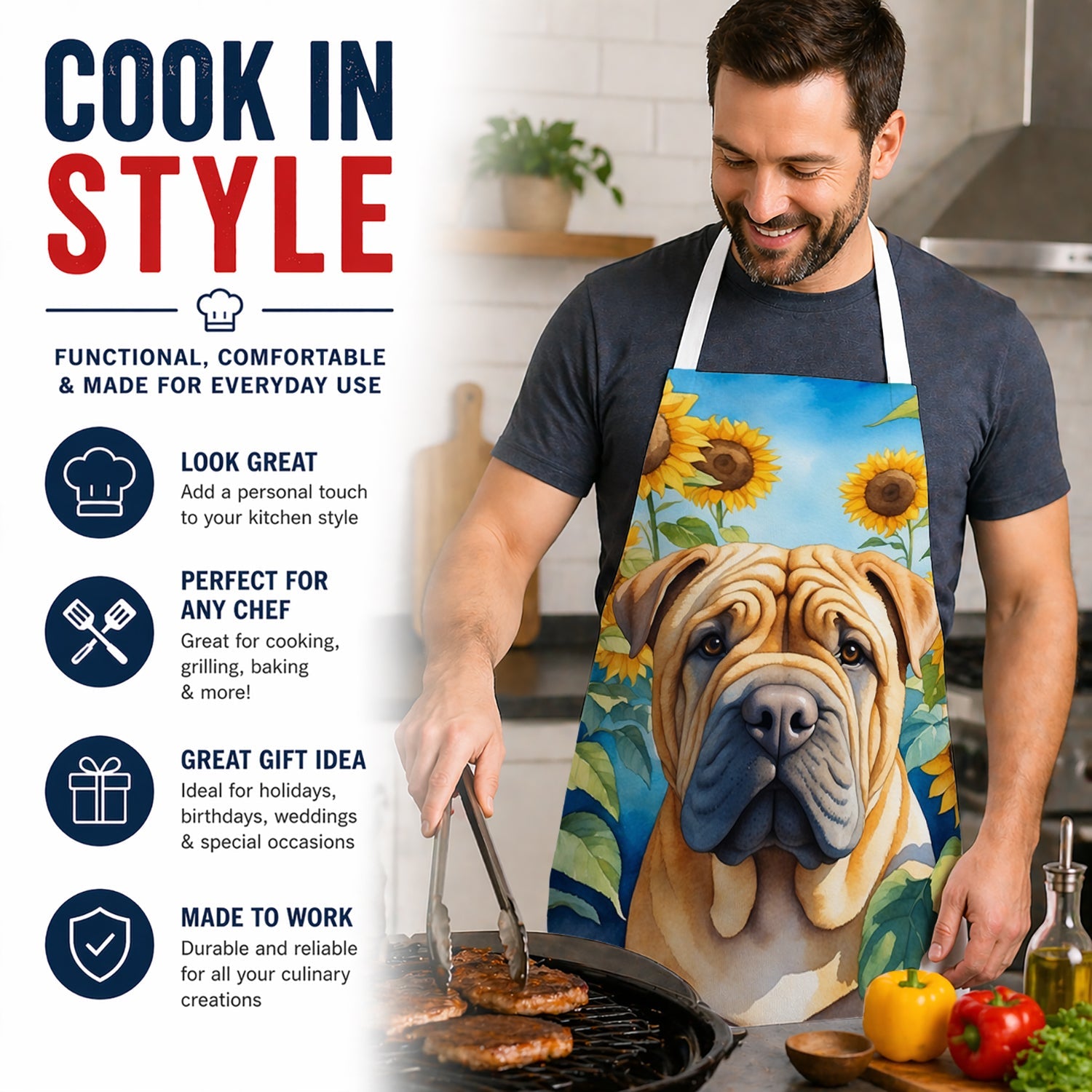 Shar Pei in Sunflowers Apron Cooking Kitchen Server Baking Crafts Gardening for Adult Women Men, Unisex, Large, Multicolor