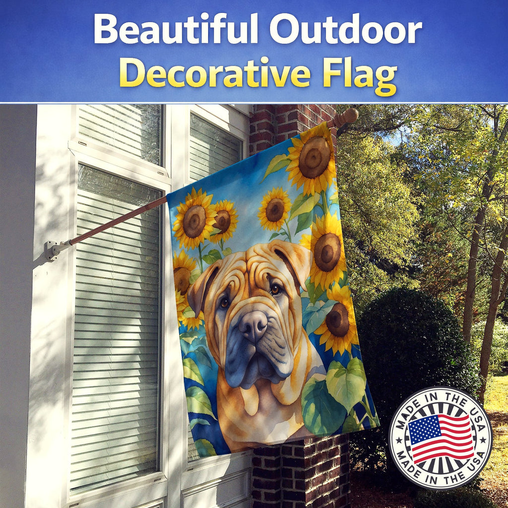 Shar Pei in Sunflowers House Flag 28x40 Porch Sleeve Pole Decorative Outside Yard Banner Artwork Wall Hanging, Polyester