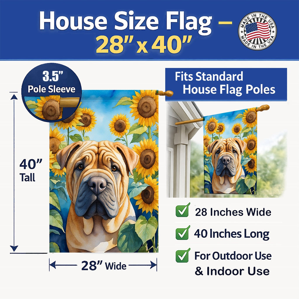 Shar Pei in Sunflowers House Flag 28x40 Porch Sleeve Pole Decorative Outside Yard Banner Artwork Wall Hanging, Polyester