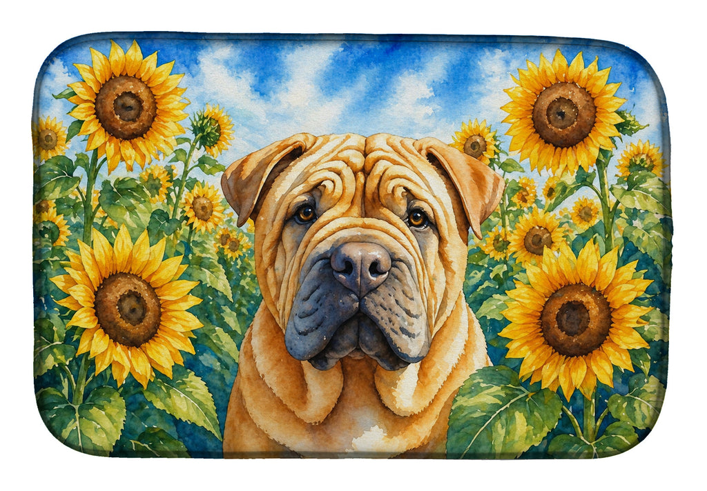 Shar Pei in Sunflowers Dish Drying Mat Absorbent Dish Drying Mat Pad for Kitchen Counter Dish Drainer Mat for Countertop, 14 x 21", Multicolor