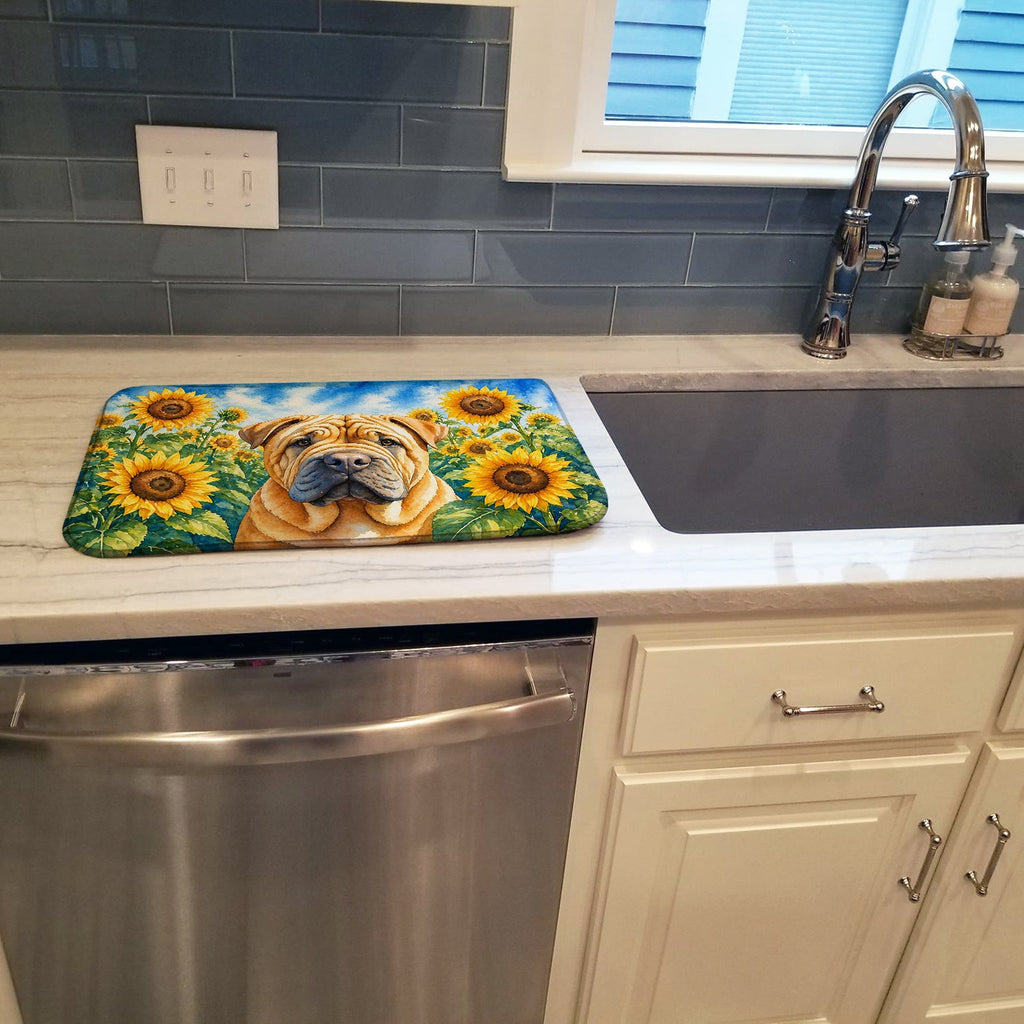 Shar Pei in Sunflowers Dish Drying Mat Absorbent Dish Drying Mat Pad for Kitchen Counter Dish Drainer Mat for Countertop, 14 x 21", Multicolor