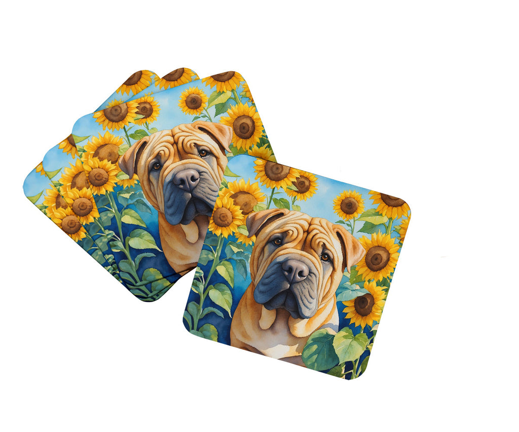 Shar Pei in Sunflowers Foam Coasters Set of 4 Cup Coasters for Indoor Outdoor, Tabletop Protection, Anti Slip, Mouse pad Material