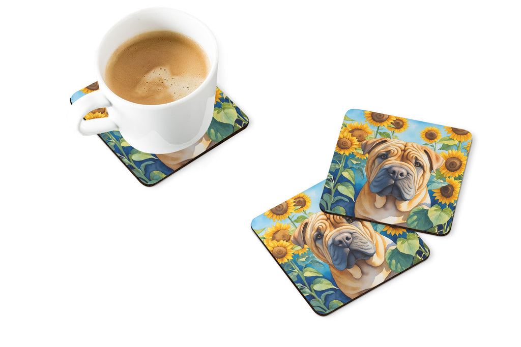 Shar Pei in Sunflowers Foam Coasters Set of 4 Cup Coasters for Indoor Outdoor, Tabletop Protection, Anti Slip, Mouse pad Material
