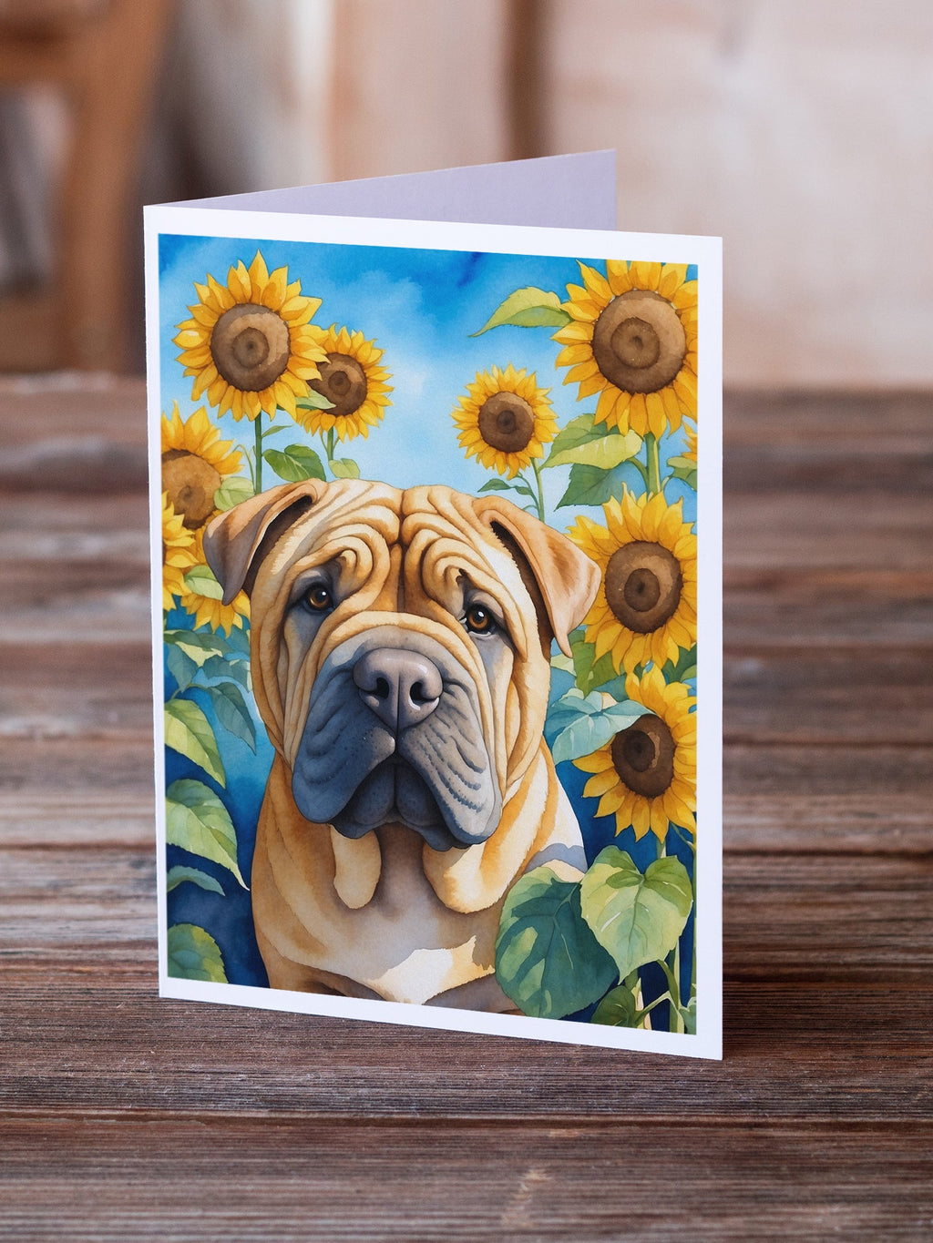 Shar Pei in Sunflowers Greeting Cards Pack of 8 Blank Cards with Envelopes Whimsical A7 Size 5x7