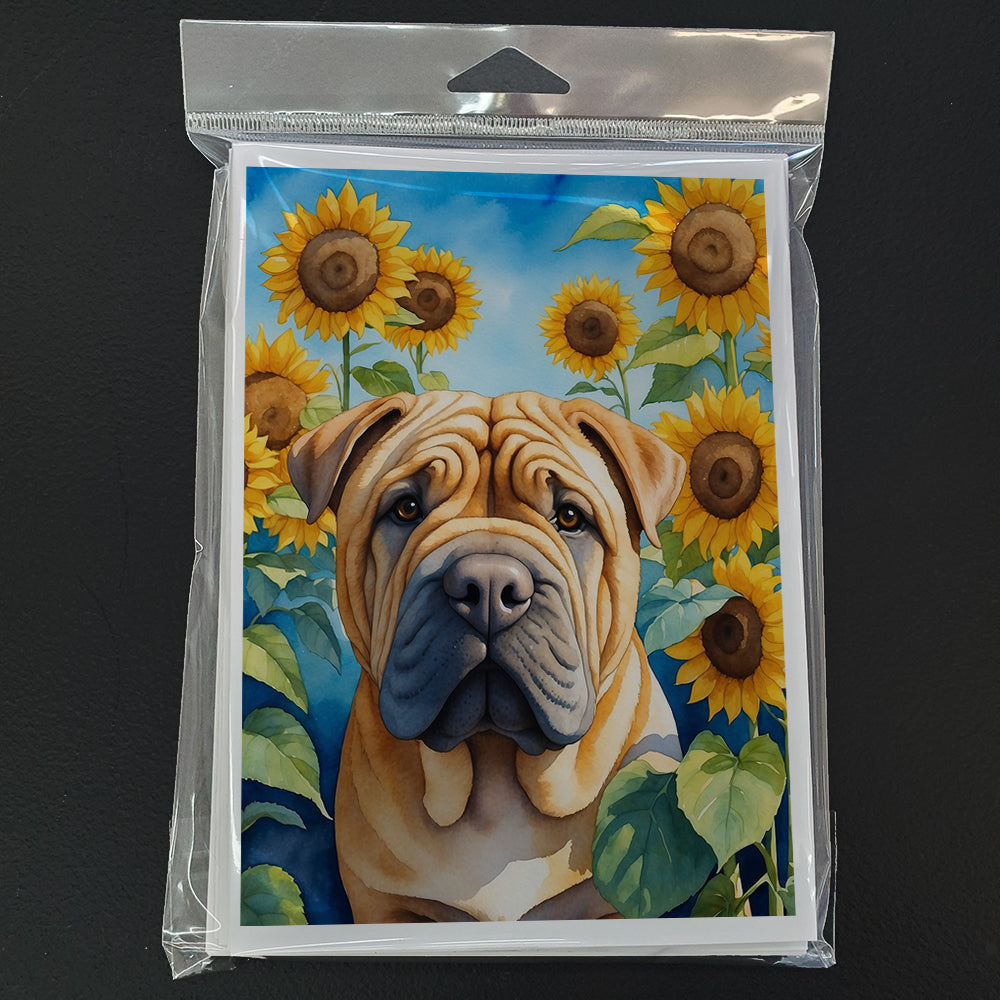 Shar Pei in Sunflowers Greeting Cards Pack of 8 Blank Cards with Envelopes Whimsical A7 Size 5x7