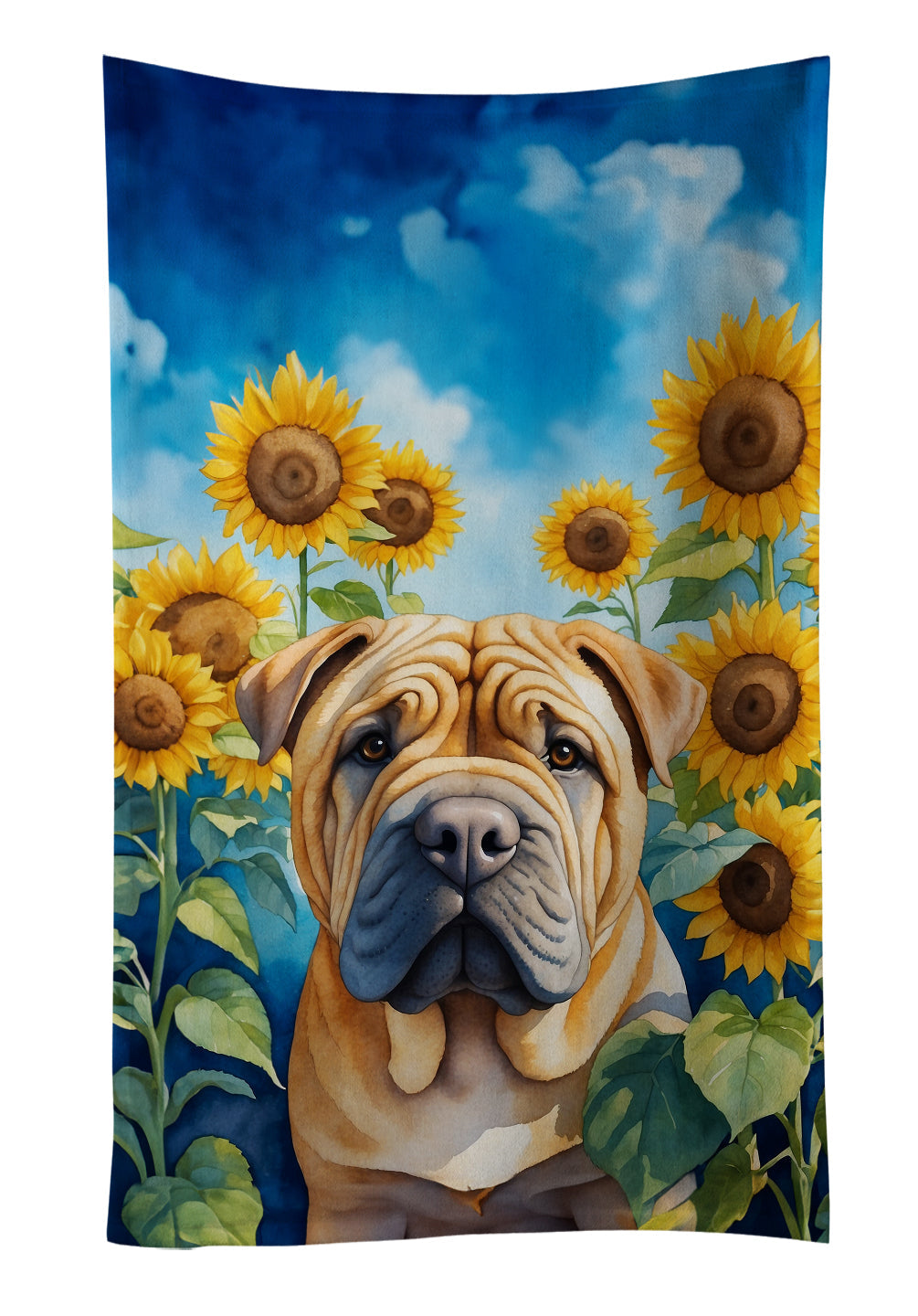 Shar Pei in Sunflowers Kitchen Towel Velour Plush Front and Cotton Loop Back Machine Washable